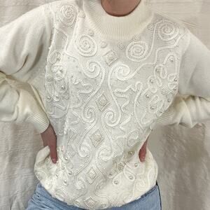 VTG 90s Alfred Dunner Cream Floral Embroidery Pearl Sweater Cottage Granny Small